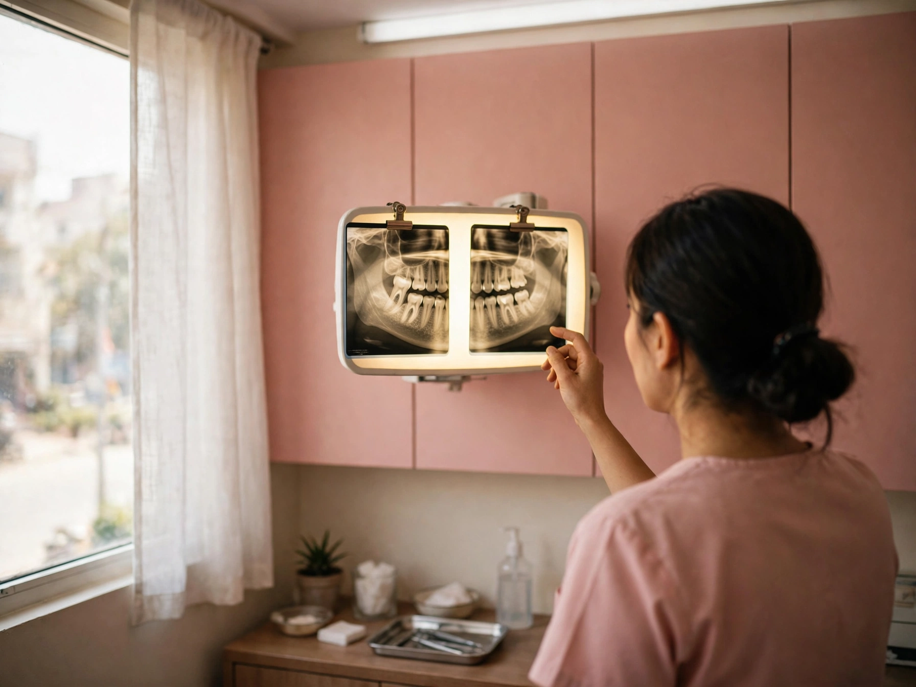 The dentist studying dental X-ray films on a lightbox before planning treatment