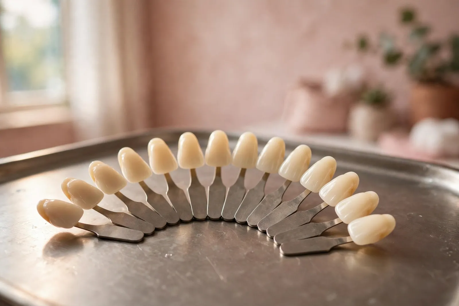 Porcelain shade guide tabs fanned across a steel tray beside a mouth mirror