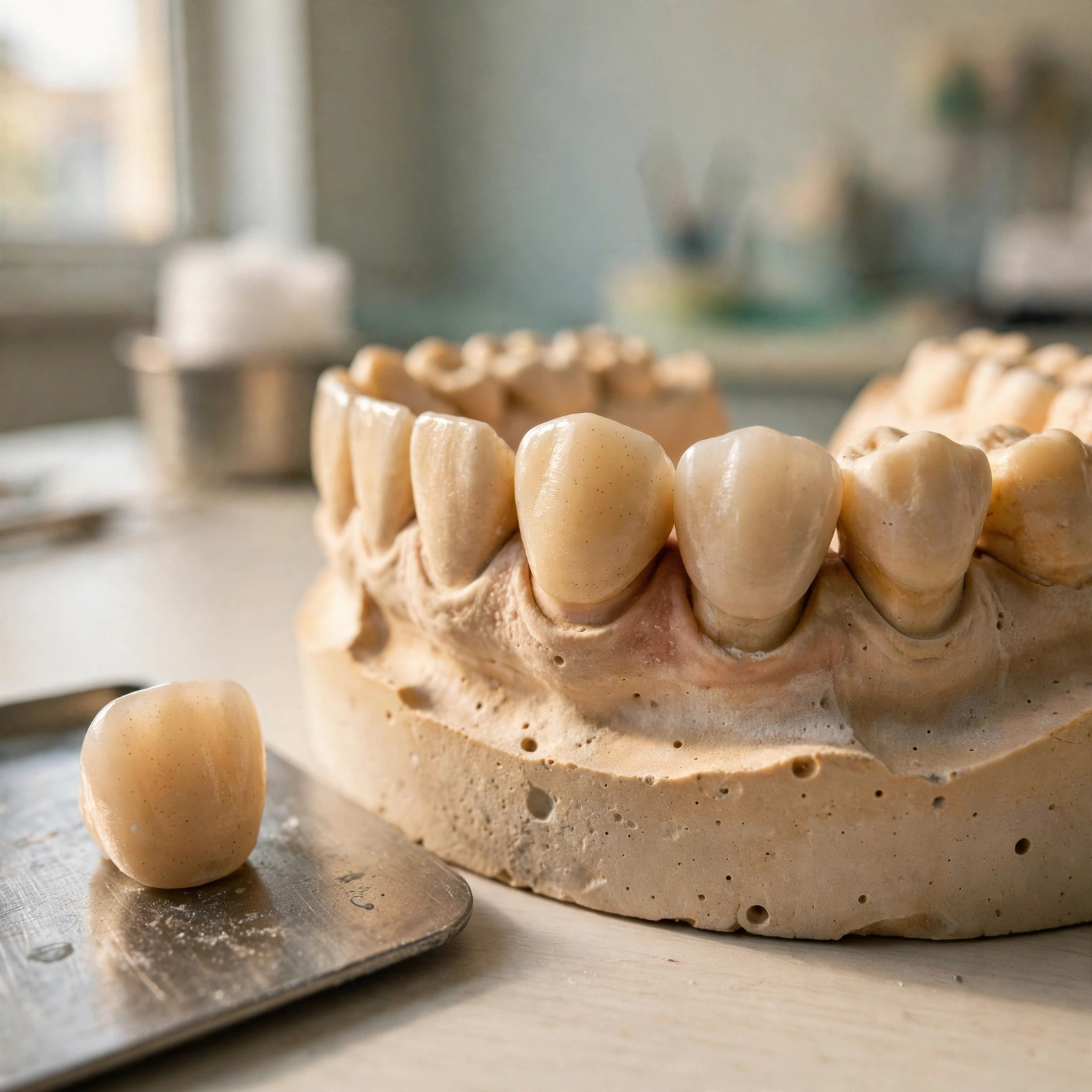Ceramic crowns on a dental model, with a finished crown on a steel tray