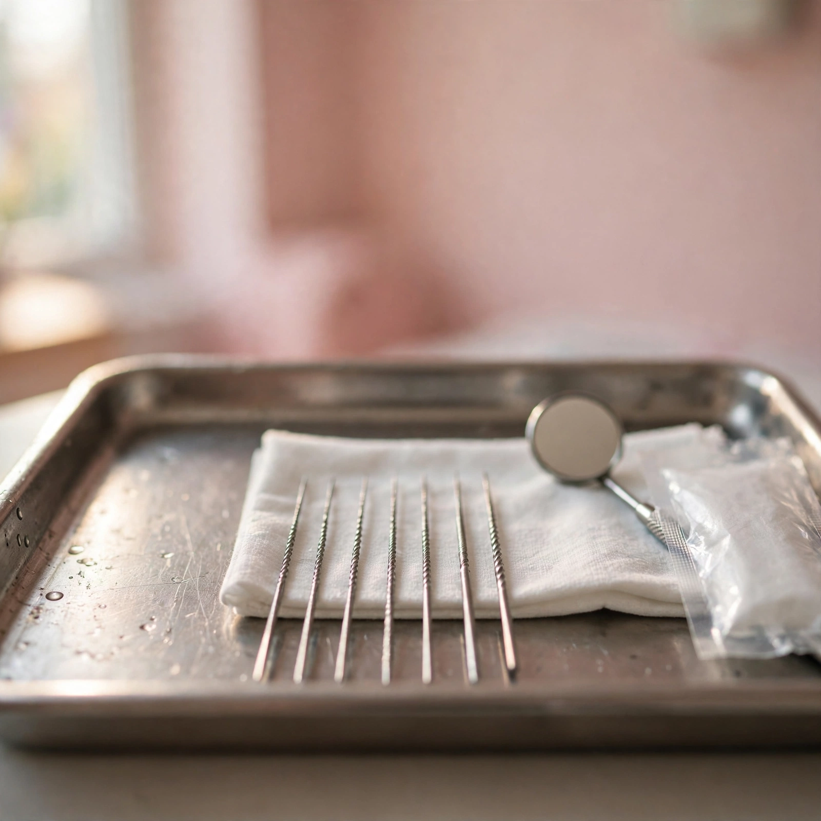 Endodontic files and a mouth mirror laid out on a sterile cloth for root canal work