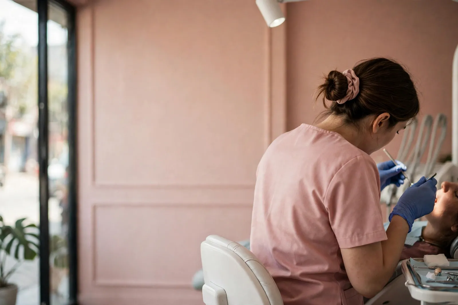 A crown being fitted, seen from behind the dentist's shoulder
