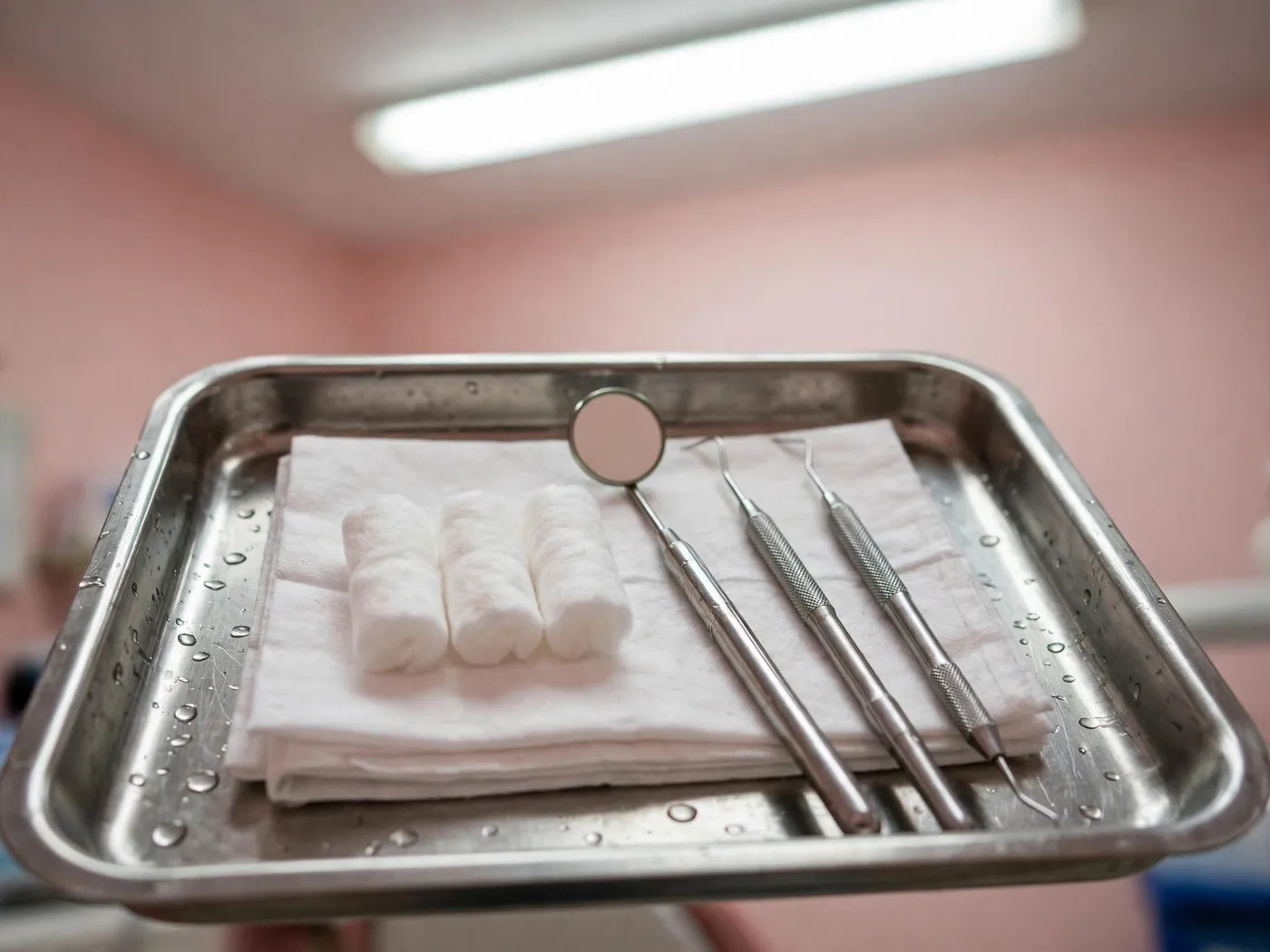 A steel tray with a mouth mirror, probes and cotton rolls