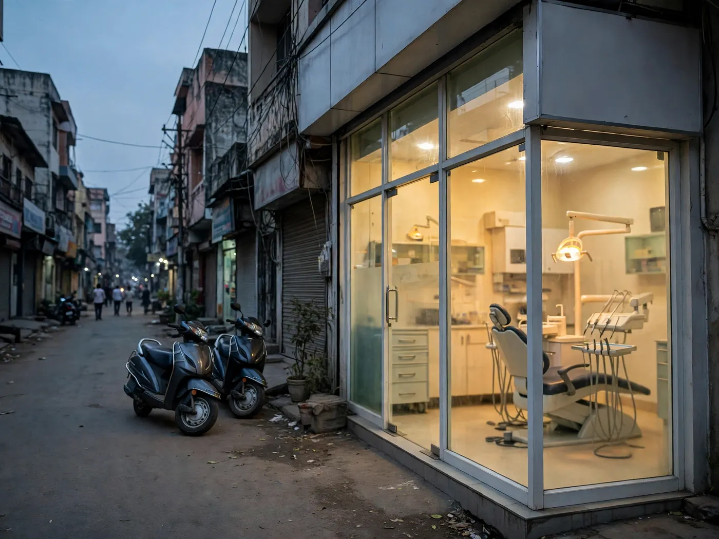 The clinic's glass front lit up at dusk, with scooters parked outside