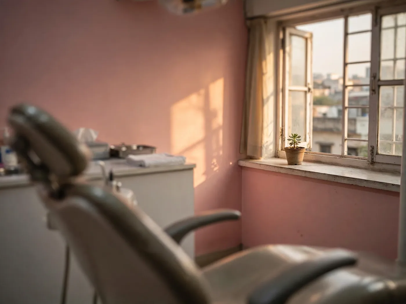 A potted plant on the windowsill beside the dental chair in afternoon light