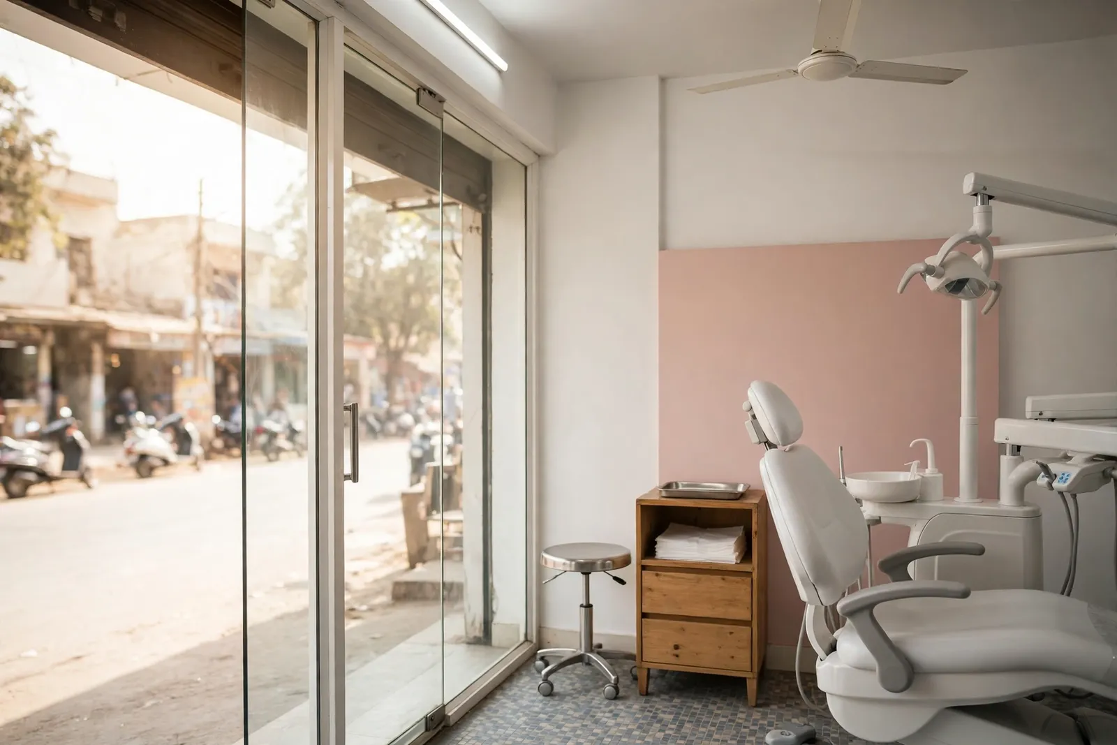 The treatment room at Soni Dental Care — dental chair, blush panel and the glass front on Sapna Sangeeta Road