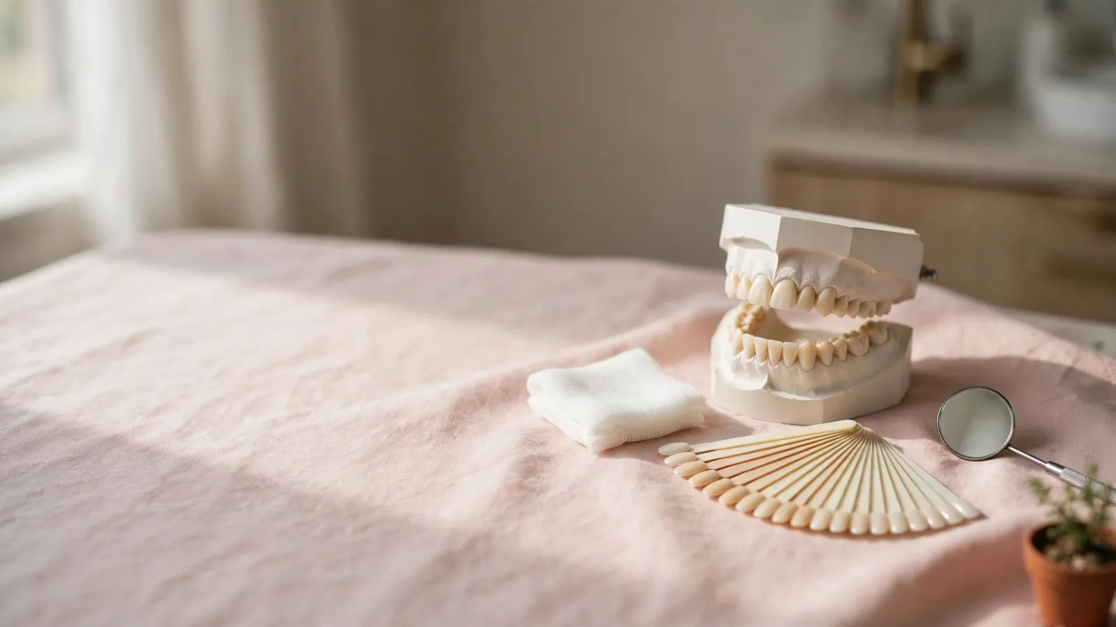 A dental model, shade guide and mouth mirror arranged for a smile design consultation