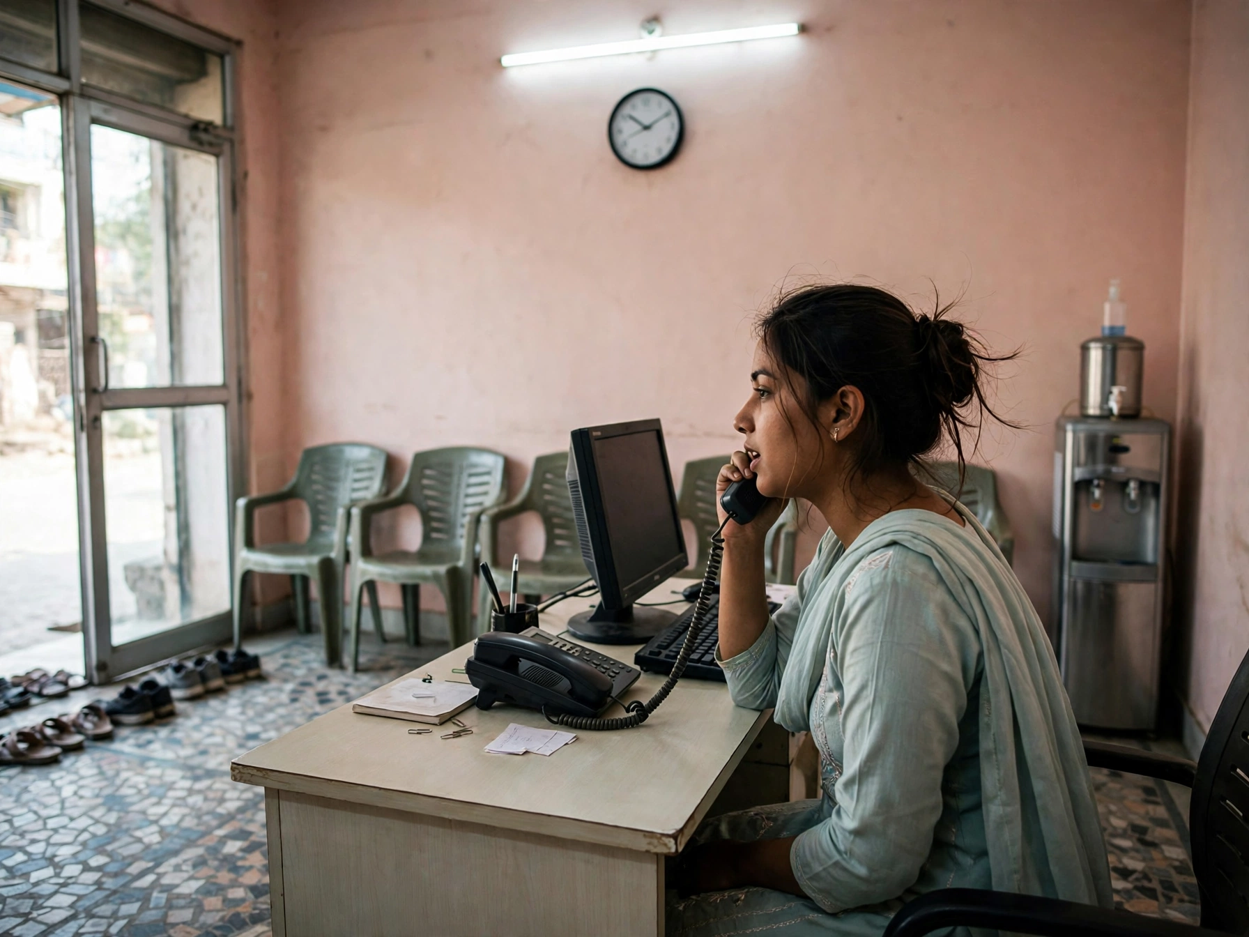 Reception at Soni Dental Care — the desk, waiting chairs and water dispenser